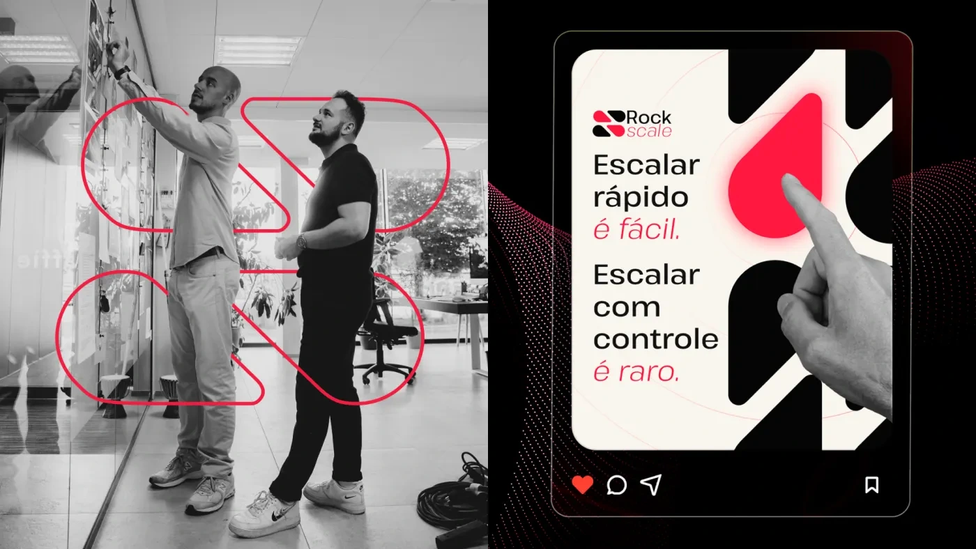 Peças editoriais e aplicações digitais da identidade Rockscale