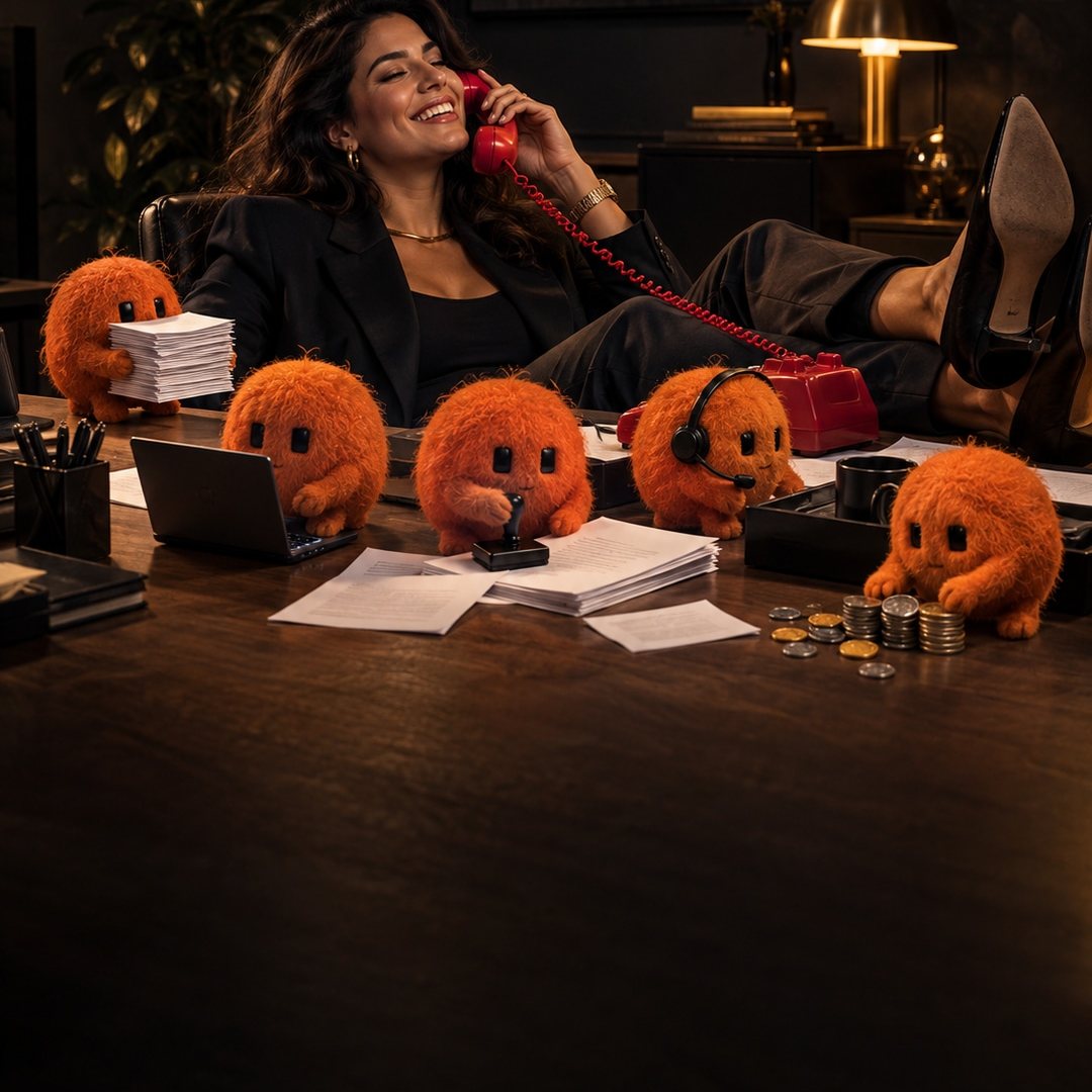 Vendedora sorri ao telefone com os pés sobre a mesa enquanto mascotes laranjas cuidam da papelada, das ligações e das moedas